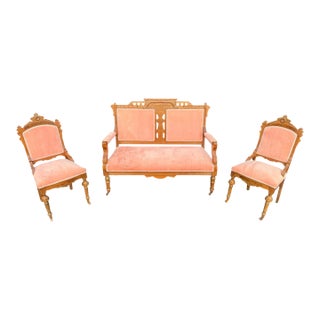 Late 19th Century Pink Parlor Set of Victorian Settee + 2 Chairs With Burl Veneer For Sale