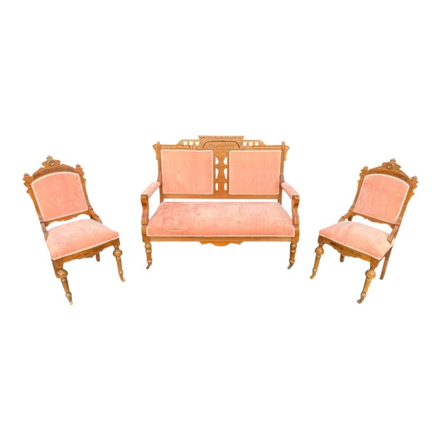Late 19th Century Pink Parlor Set of Victorian Settee + 2 Chairs With Burl Veneer For Sale