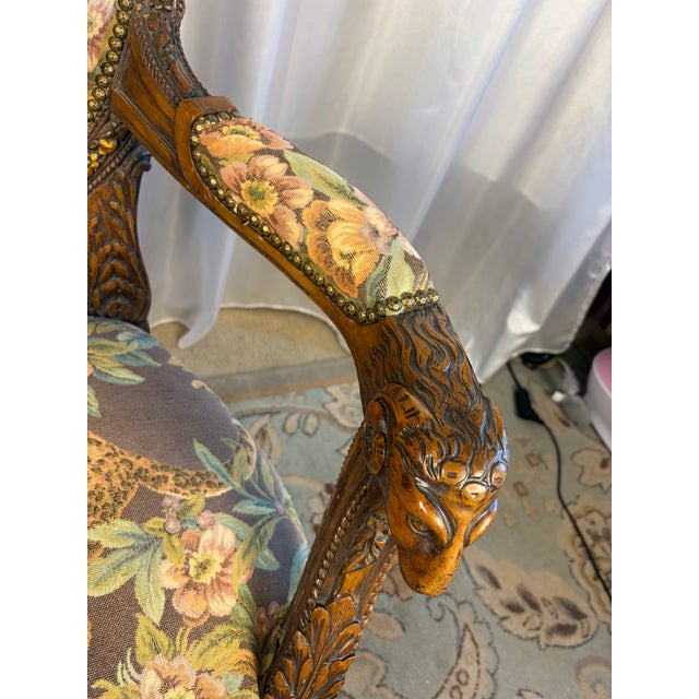 French Late 20th Century Ornate French Transitional Style Carved Ram's Head Armchair in Leopard Tapestry For Sale - Image 3 of 13