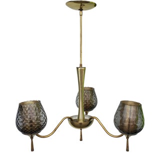 1960's Vintage Mid-Century Modern Chandelier Brass With Murano Textured Smoked Glass Globes and Gold Metal Diffuser For Sale