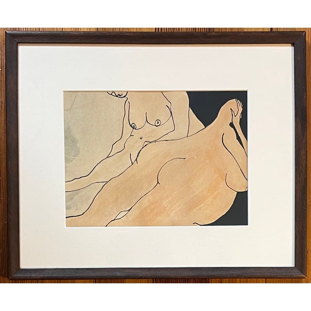 Anna Poulos (American 1933 - 2003) Modernist abstract figural ink drawing and watercolor painting depicting two nude...