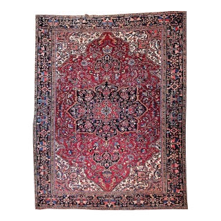 Vintage Persian Heriz Serapi Rug, Hand-Knotted Wool, Geometric Medallion Pattern, Red & Navy, 10x13 For Sale
