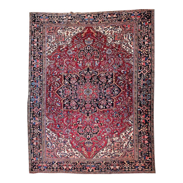 Vintage Persian Heriz Serapi Rug, Hand-Knotted Wool, Geometric Medallion Pattern, Red & Navy, 10x13 For Sale