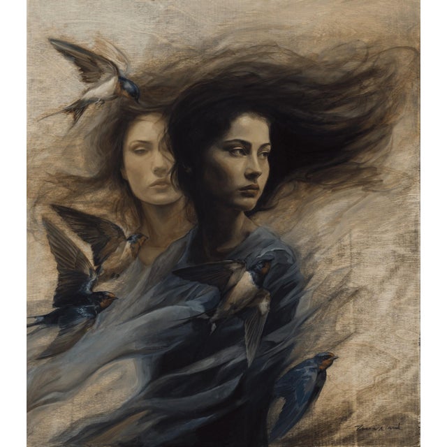 Contemporary The Weight of Silence by Terra Novak | Oil on wood depicting two women with flowing hair. For Sale - Image 3 of 5