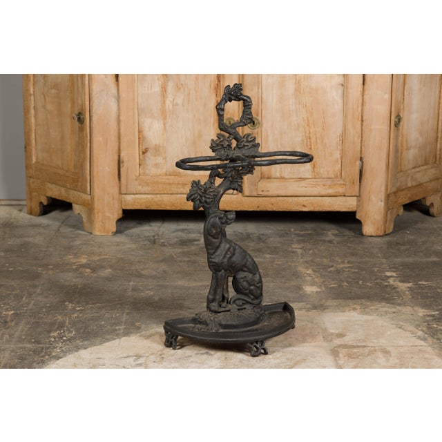 English English Iron Umbrella Stand Depicting a Dog Sitting in front of a Tree For Sale - Image 3 of 11