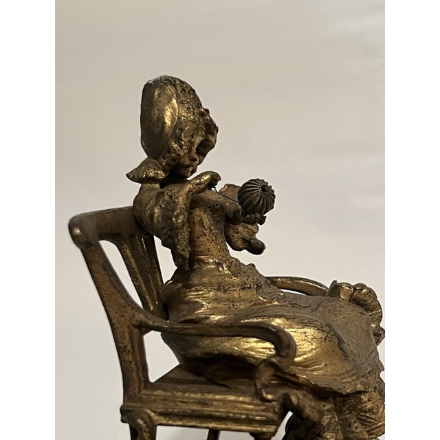 Bronze Statue Marble Girl with Cat LA Devideuse Par Maxim Antique For Sale - Image 12 of 18