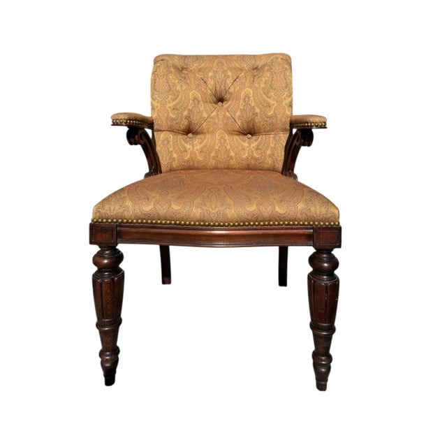 A pair of “New Bohemian” Louis XVI style arm chairs made by Henredon for Ralph Lauren. Tufted scrolled seat backs, curved...