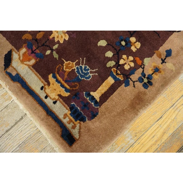 1920s Splendid Plum Ground Flower Design Antique Chinese Art Deco Knotted Rug For Sale - Image 13 of 13