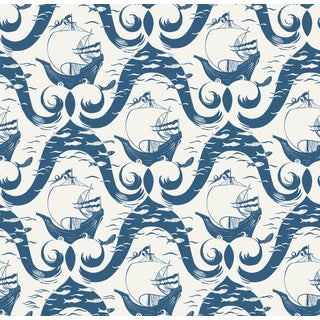 Cravelle Wallpaper by Paule Marrot in Cream and Blue For Sale