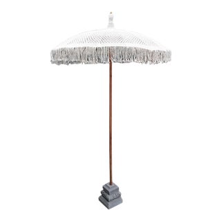 White Macrame Umbrella W/ Stone Base For Sale