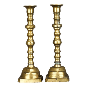 Tall Vintage Diamond Shaped Solid Brass Candle Holders - Set of 2