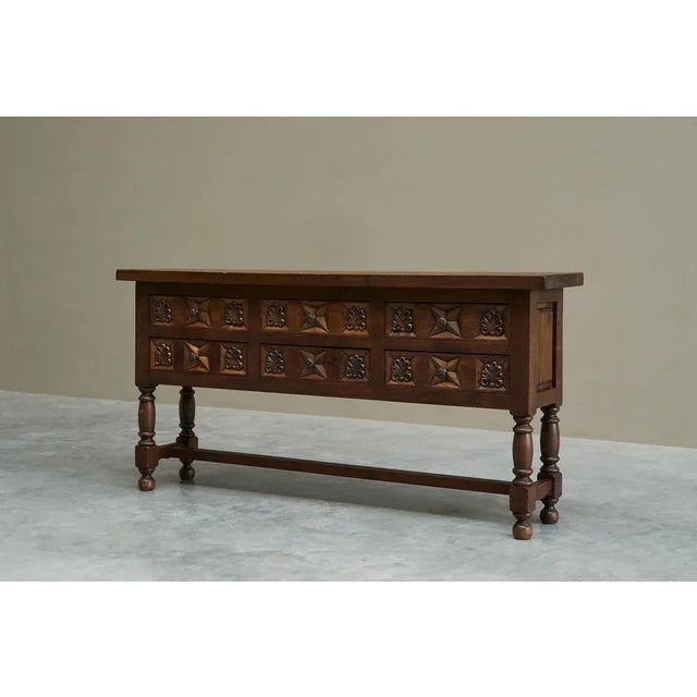 Spanish Style Sideboard in Hand Carved Walnut and Wrought Iron, 1940s For Sale - Image 12 of 16