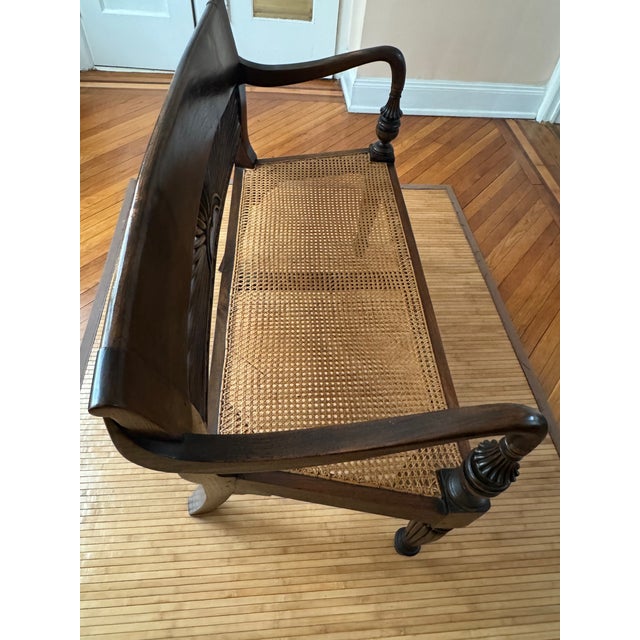 Wood Hand-Carved Sunburst Rattan Bench – Colonial Elegance & Bohemian Charm For Sale - Image 7 of 7