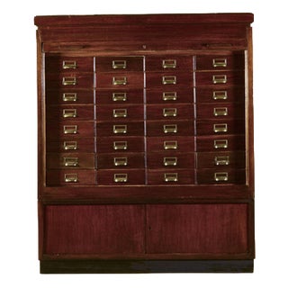 Industrial Storage Unit with Tambour Door and 32 Drawers, 1940s For Sale