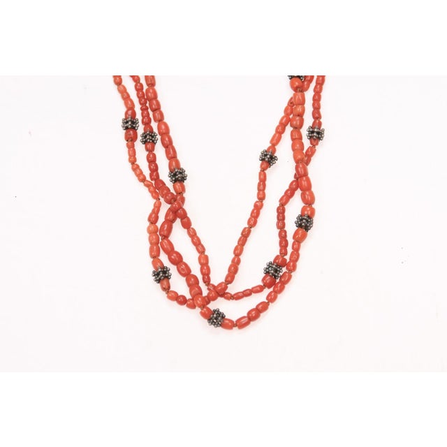 A short length antique Moroccan coral beaded necklace with three delicate strands. This simple and delicate necklace has a...