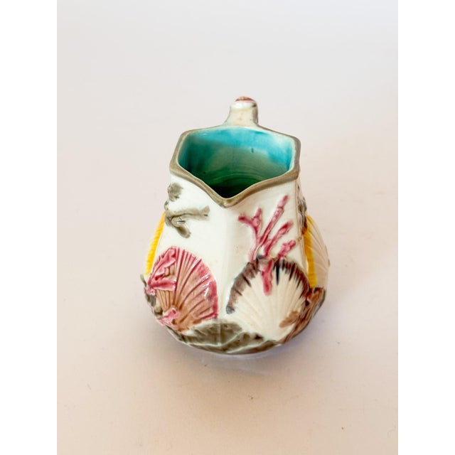 Wedgwood Antique Wedgwood Majolica Seashell Creamer Pitcher – Turquoise Interior, Victorian Seaweed Pattern (C. 1870s) For Sale - Image 4 of 10