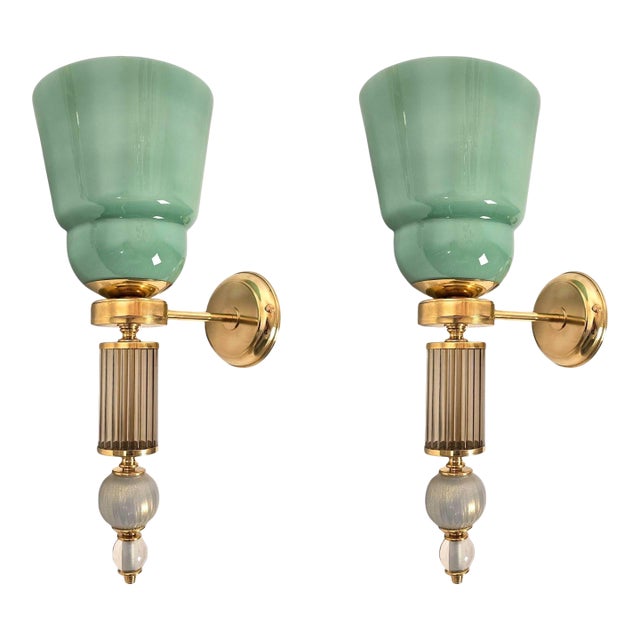 1990s Mid Century Modern, Celadon Green Murano Glass Sconces - a Pair For Sale