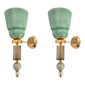 1990s Mid Century Modern, Celadon Green Murano Glass Sconces - a Pair