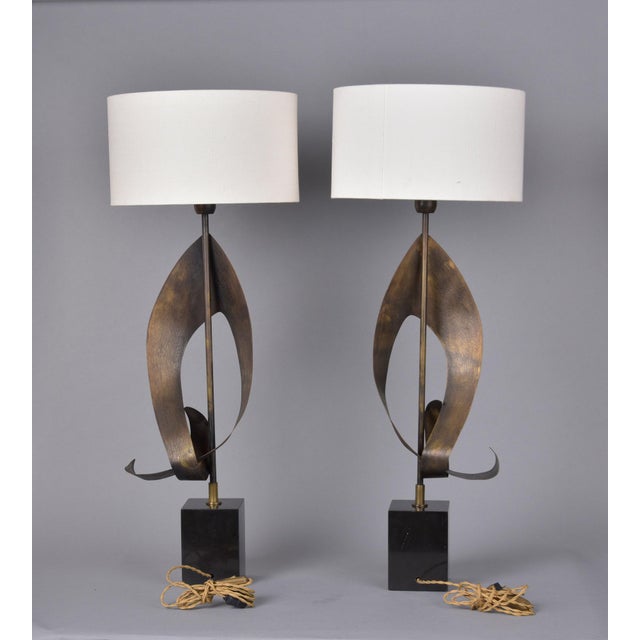 1970s Pair Vintage Italian Brutalist Style Lamps With White Shades For Sale - Image 5 of 10