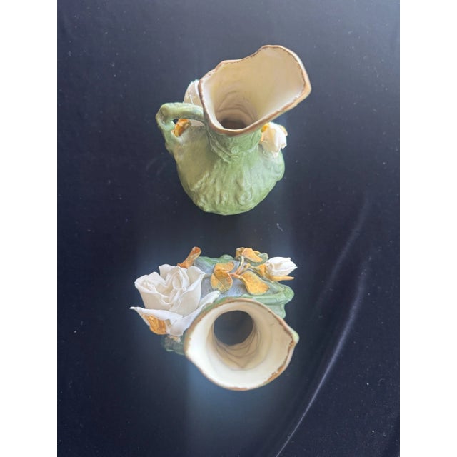 Ceramic Art Nouveau Jugendstil Porcelain Ewer Vase Pair, Green Glaze With Applied Flowers, C. 1900 For Sale - Image 7 of 9
