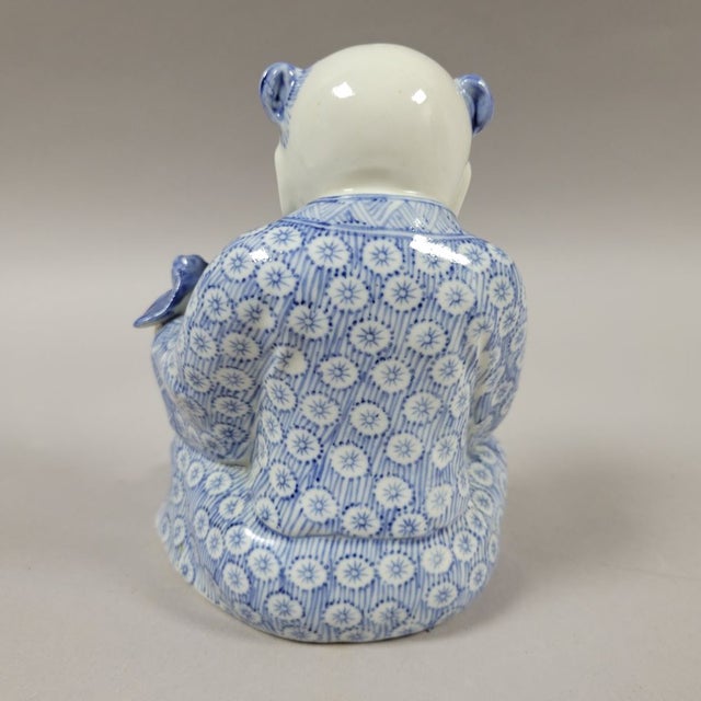 Ceramic Chinese Blue & White Porcelain Seated Boy Figurine, 1980s For Sale - Image 7 of 9