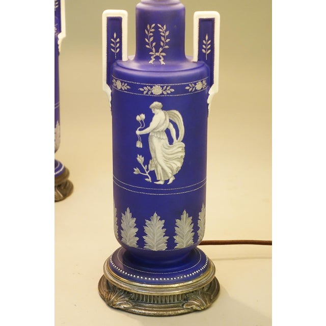 Navy Blue 1930s Cobalt Noritake Wedgewood Jasperware Style Neoclassic Art Deco Table Lamps - a Pair For Sale - Image 8 of 15