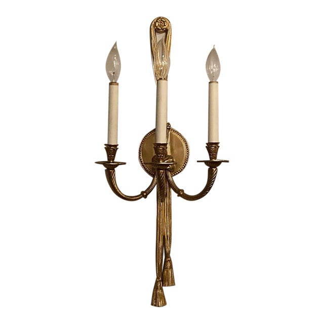 Antique 3 Arm Cast Brass Ribbon Tassel Torch Wall Sconce Neoclassical Style For Sale