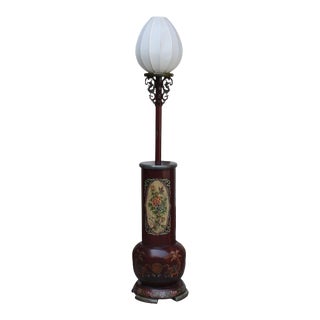 Tibetan Tall Craved Dark Red Yellow Flower Painting Floor Lamp For Sale