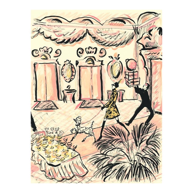 Poodle in the Lobby With Martini Original Contemporary Figurative Print by Pauline De Roussy De Sales For Sale