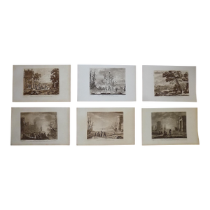 Authentic Antique 18th Century Claude Lorrain "Liber Veritatis" Sepia Pastoral & Harbor Scene Mezzotints - Set of 6