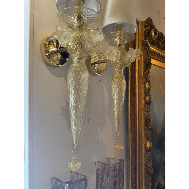 Murano Gold Venetian Style Flower Sconces - a Pair For Sale - Image 4 of 8