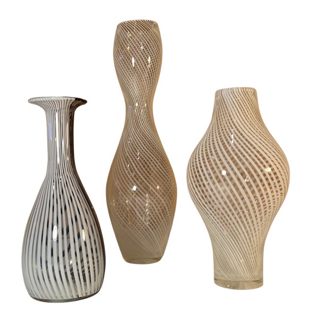 Murano Mezza Filigrana Art Glass White and White and Black Pin Stripe Swirl Vases- Set of 3 For Sale - Image 10 of 18