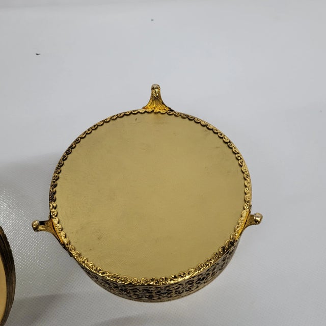 Vintage Gold Gilt Filigree Ormolu Jewelry Casket Round Powder Case Box Hollywood Regency In good condition with the...