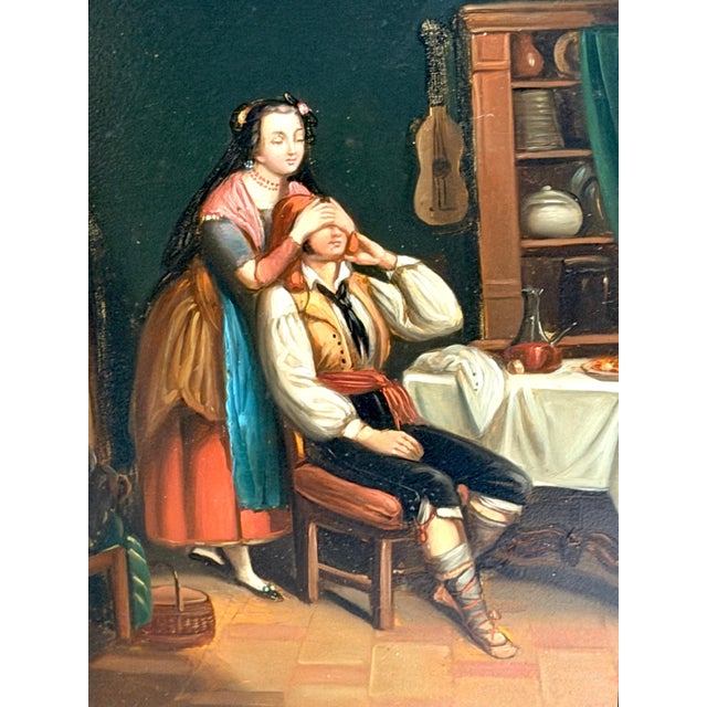 Gold 19th Century Biedermeier Genre Painting “The Surprise" Oil on Tin Original Frame For Sale - Image 8 of 14