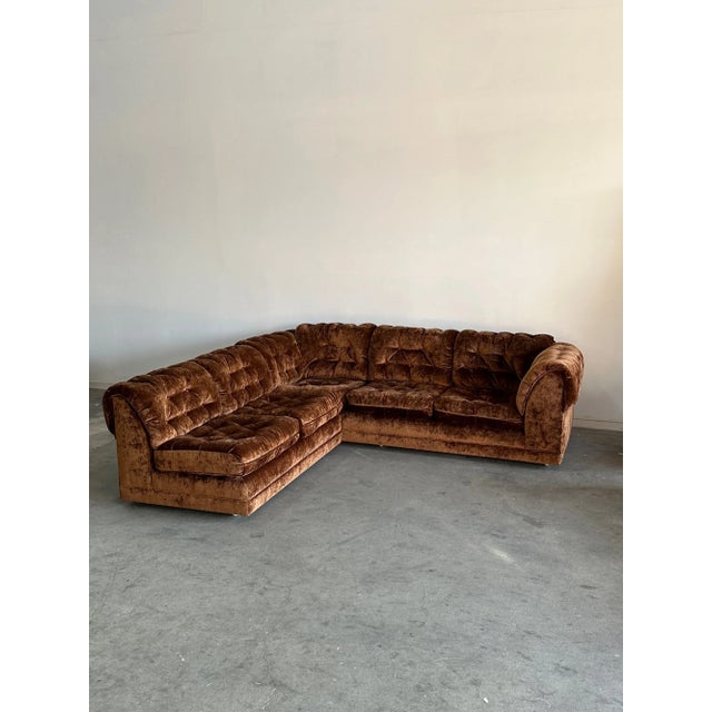 W100 D93 D35.5 H31 SD23 SH18 AH28.25 Ottoman W28 D28 H16 Fully restored sofa sectional with fresh fabric. Frame has been...