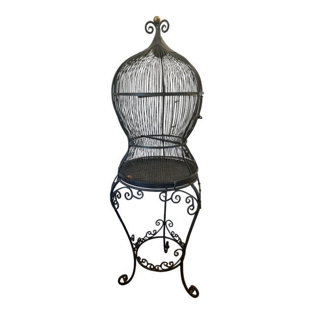 Tall Free Standing Whimsical Black Iron Functional Birdcage For Sale