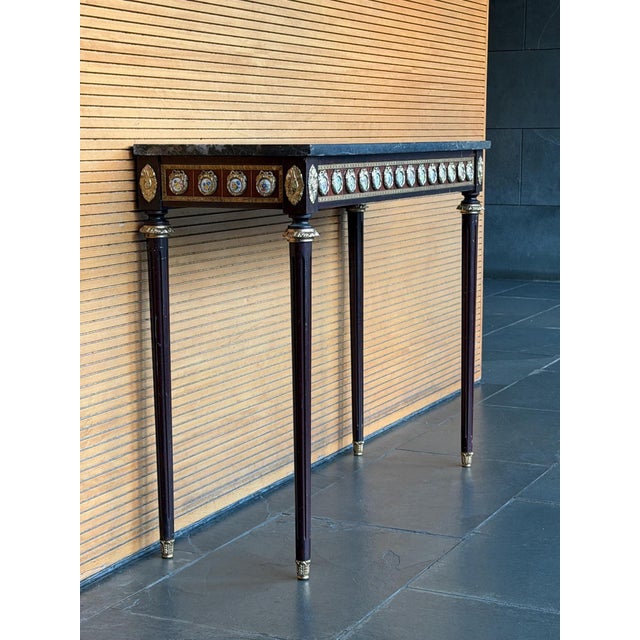 Black Antique French Louis XVI Revival Console Table with Porcelain Medallions with Marble Top, 1890s For Sale - Image 8 of 15