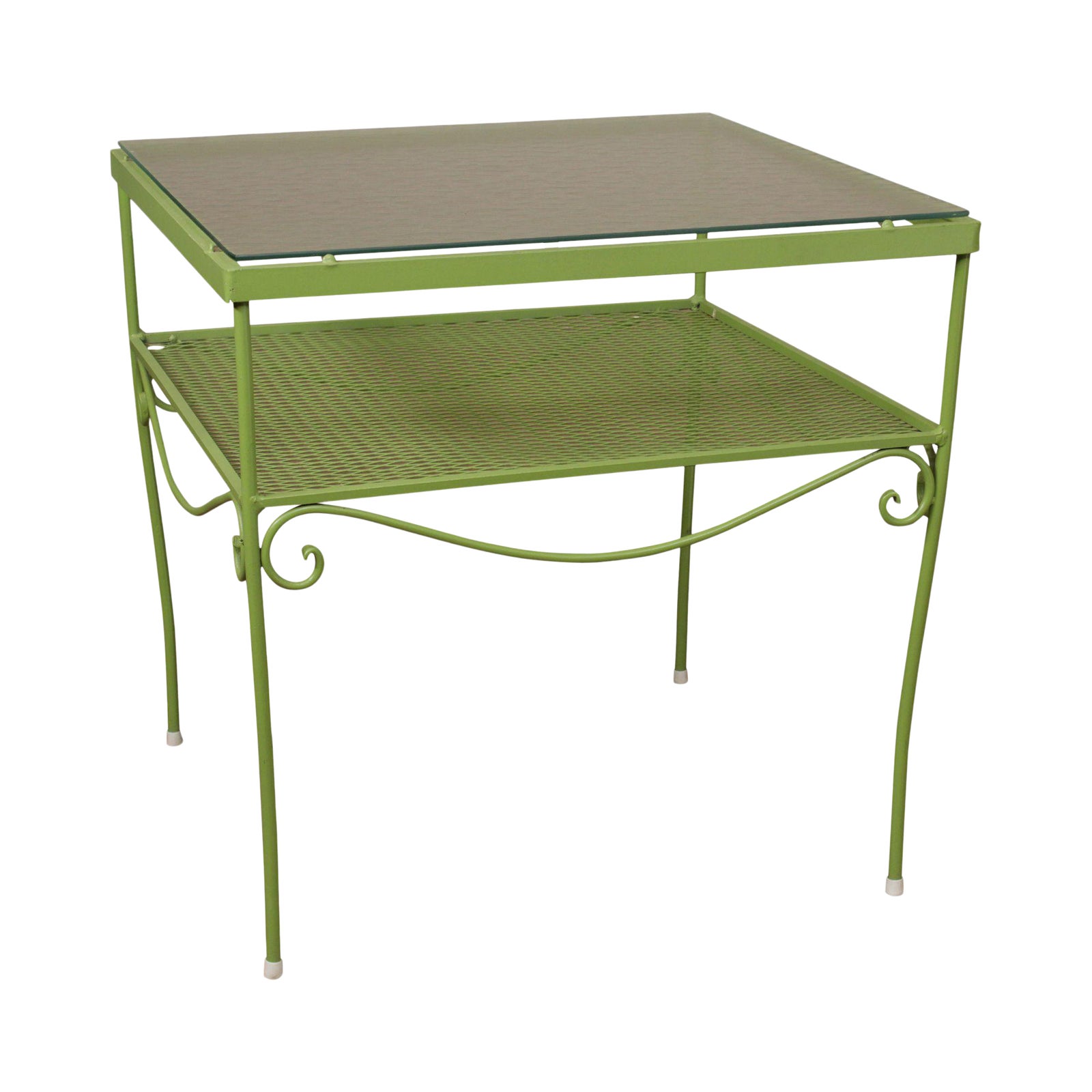 Woodard Vintage Green Painted Wrought Iron Glass Top Patio Side Table
