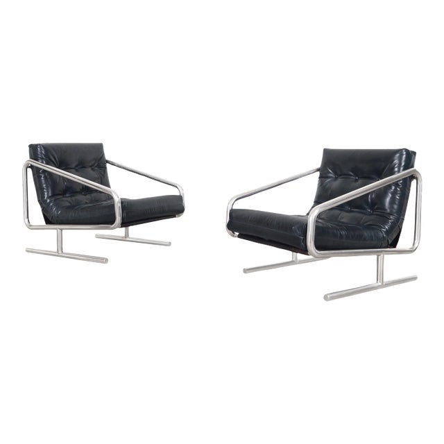 Mid-Century Modern Leather and Aluminum Lounge Chairs For Sale