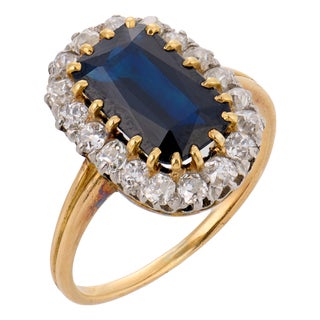 1910s Edwardian Gia 2.40 Carat No Heat Sapphire Diamond 18k Yellow Gold Cluster Ring, Size 7 For Sale