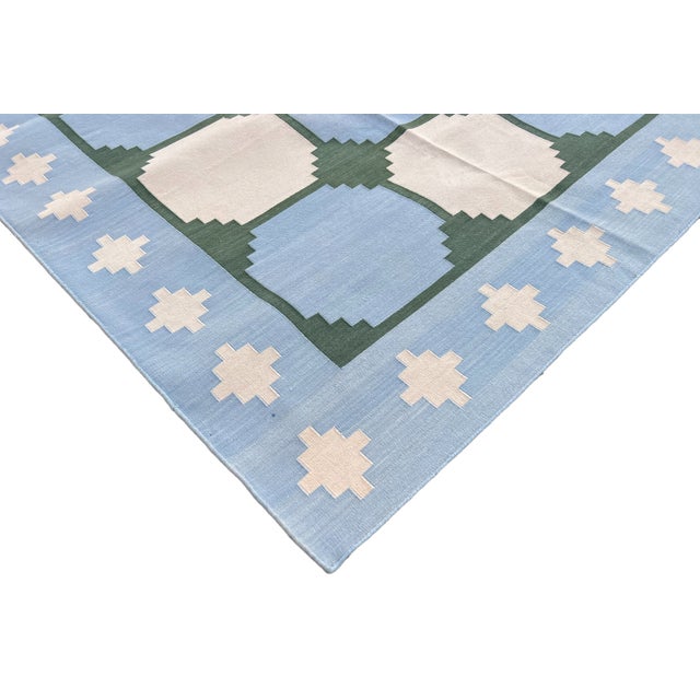 Not Yet Made - Made To Order Not Yet Made - Made To Order Handmade Cotton Rug Vegetable Dyed Sky Blue and Green Tile Pattern Gingham Dhurrie - 6'x9' For Sale - Image 5 of 11