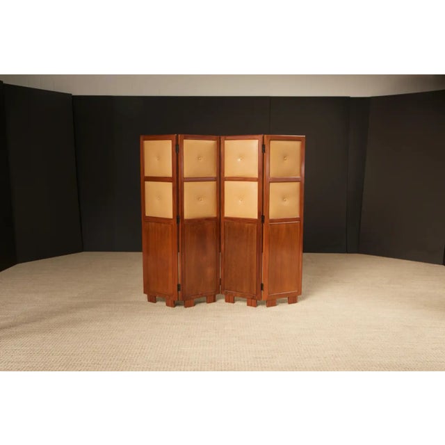 1960s Brazilian Hardwood, Leather and Mirrored Panel Folding Screen, Brazil, C 1960s For Sale - Image 5 of 18