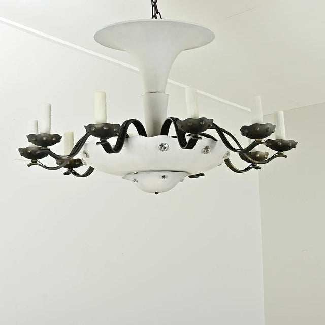 French Vintage Art Deco Style Painted Metal Chandelier For Sale - Image 4 of 12