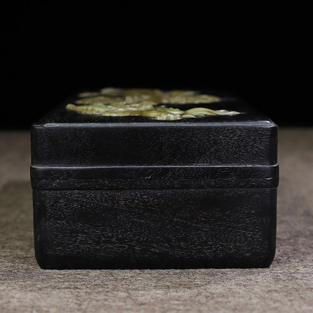 Chinese Black Zitan Wood Box Inlaid With Jade Lion Motif For Sale - Image 3 of 9