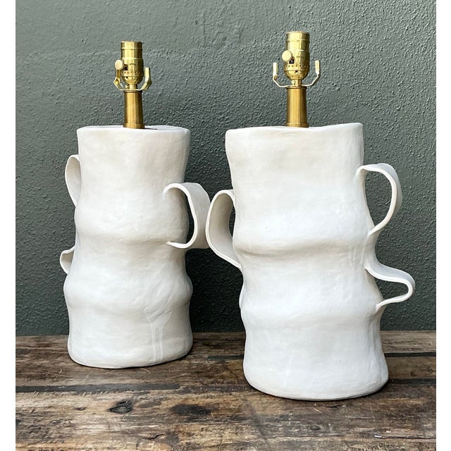 Alabaster Vintage Artisan Slab Built Pottery Lamps - A Pair For Sale - Image 8 of 12