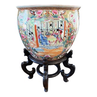 Vintage Rose Medallion Jardiniere/Cache Pot /Planter W/Stand 23" H For Sale