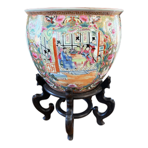 Vintage Rose Medallion Jardiniere/Cache Pot /Planter W/Stand 23" H