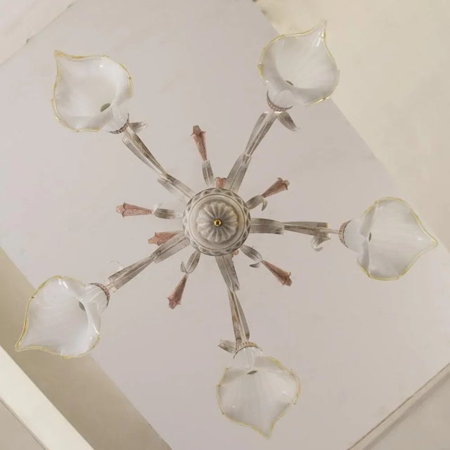 Glass Suspension Chandelier with 5 Lights in White Murano Glass & Handmade Brass Structure, Italy, 1980s For Sale - Image 7 of 12
