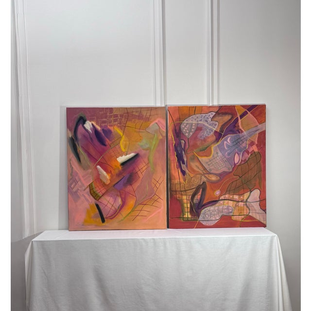 Modern Vintage Contemporary Abstract Expressionism Diptych Original Oil Paintings, a Pair, Magenta, Orange & Plum For Sale - Image 3 of 18