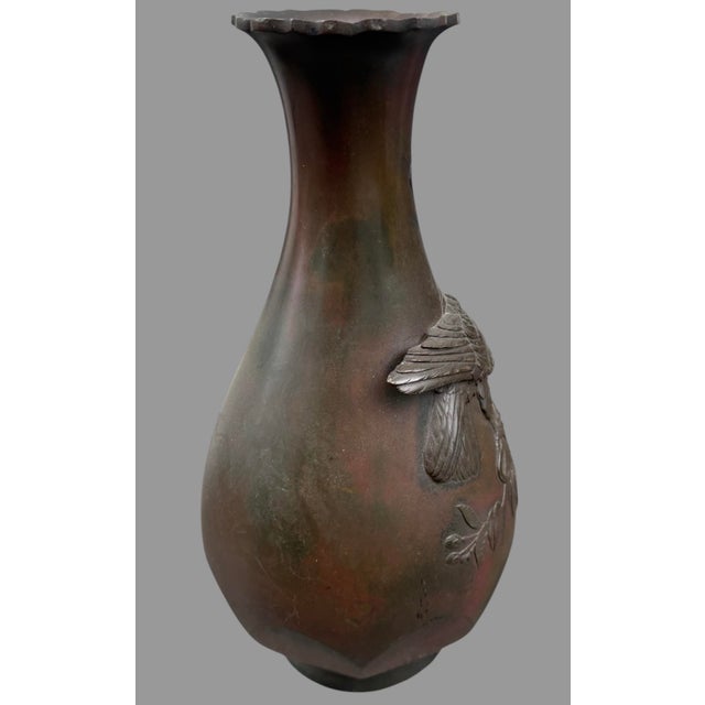 17" Antique Oriental Bronze Vase With Embossed Eagle on Branch For Sale - Image 4 of 11